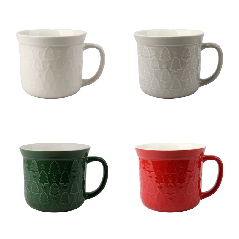 610ml Christmas Tree Embossed Ceramic Mugs Set - 4-Piece Festive Drinkware