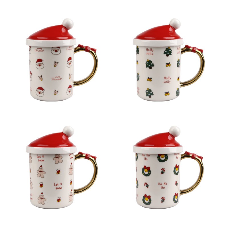 400ml Christmas Ceramic Mugs with Santa Hat Lids - 4-Piece Festive Drinkware Set