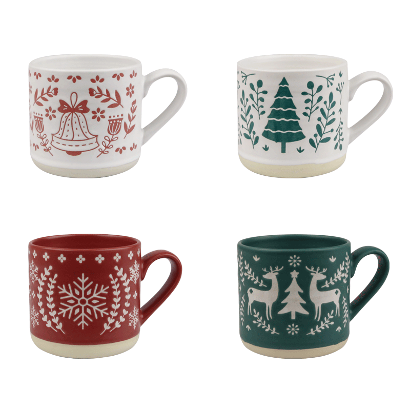 Christmas Ceramic Mugs with Festive Designs, 380ml Set of 4, Decorative Drinkware