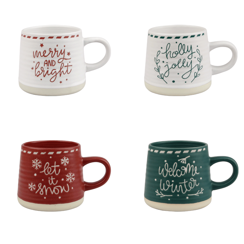 Christmas Ceramic Mugs with Festive Slogans, 390ml Set of 4