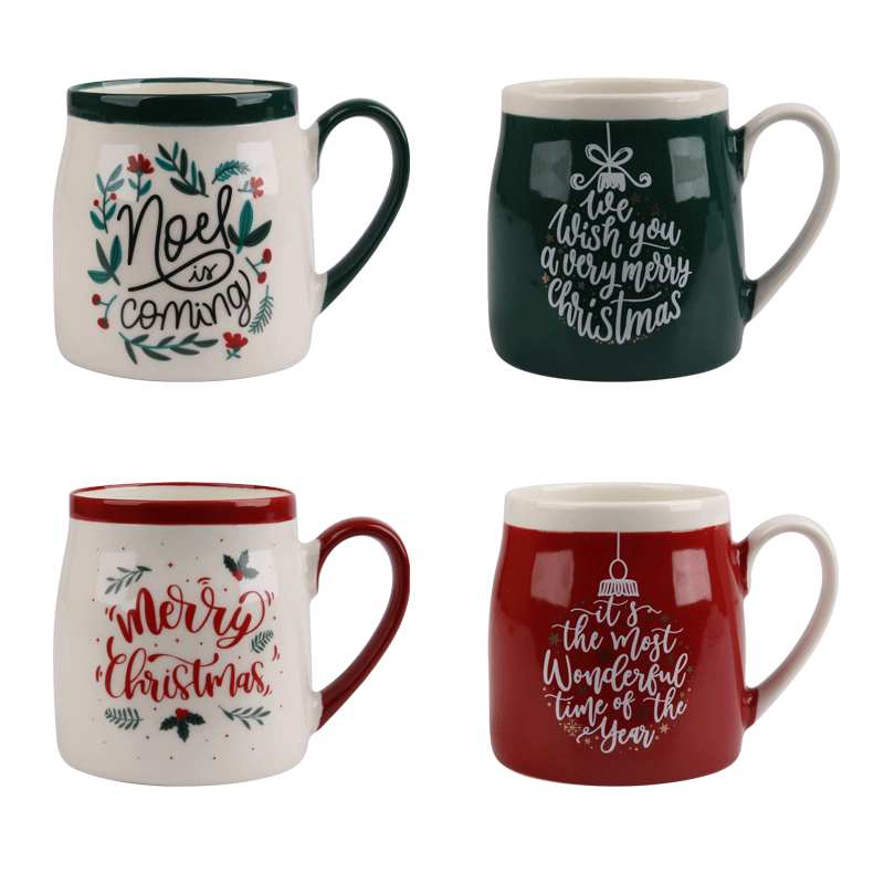 Christmas Ceramic Mugs with Festive Quotes, 440ml Set of 4, Decorative Drinkware for Coffee