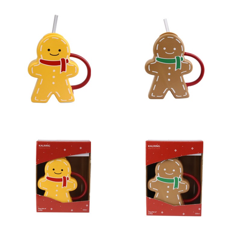 550ml Christmas Gingerbread Man Shaped Ceramic Mugs with Straw