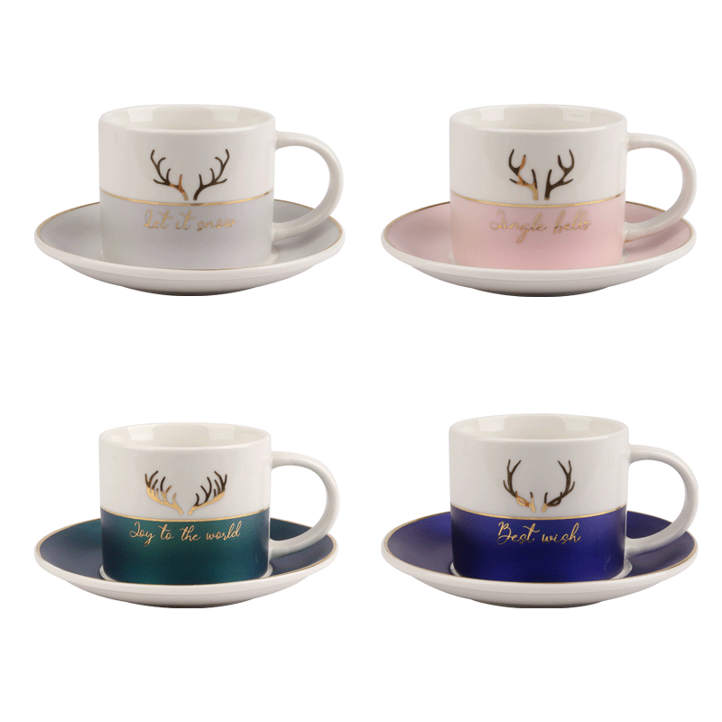 Christmas Ceramic Cup and Saucer Sets with Antler Designs, 250ml Set of 4, Elegant Drinkware