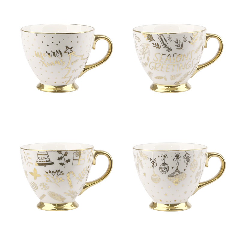 380ml Christmas Gold - Accented Ceramic Mug Set - 4-Piece Festive Drinkware with Holiday Patterns