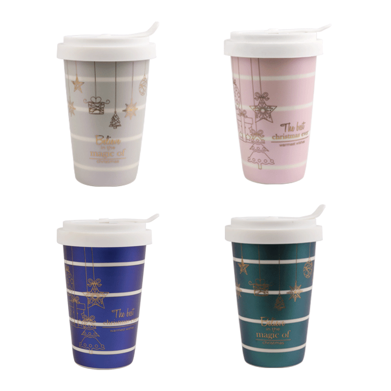 Christmas Tumblers with Silicon lids, 370ml Set of 4, Festive Drinkware mug