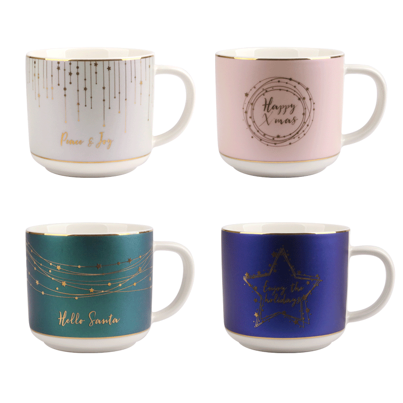 Christmas Ceramic Mugs with Gold Accents, 360ml Set of 4, Festive Drinkware with Gift Box