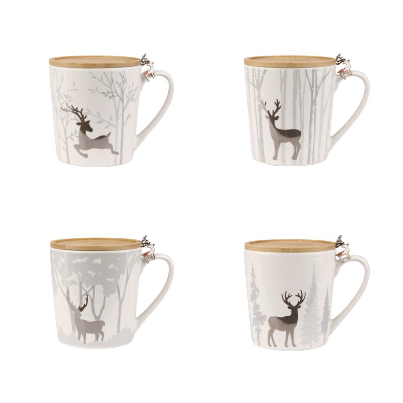 470ml Christmas Deer & Forest Ceramic Mugs with Bamboo Lids - 4-Piece Festive Drinkware Set