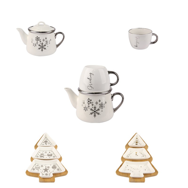Christmas Ceramic Tea Set & Festive Serving Dishes - Snowflake Teapot, “Greetings” Mug, Star & Tree