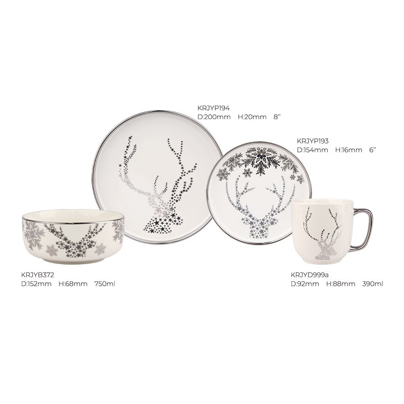 Christmas Deer & Snowflake Ceramic Dinnerware Set - Plate, Bowl, Mug with Silver Accents