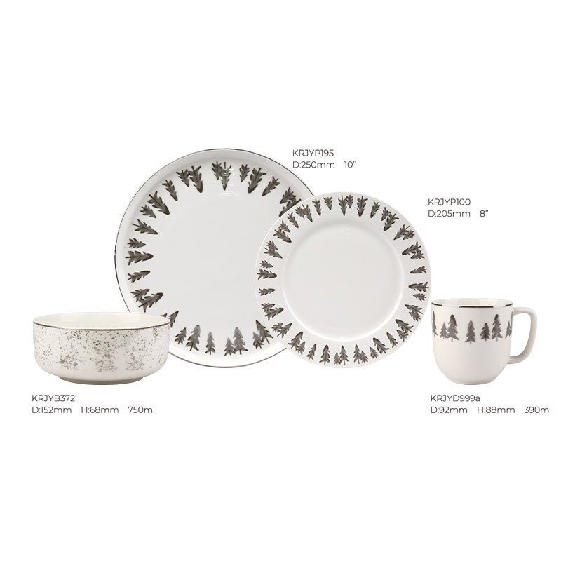 Christmas Tree Ceramic Dinnerware Set - 4-Piece Plate, Bowl, Mug Collection with Forest Motifs