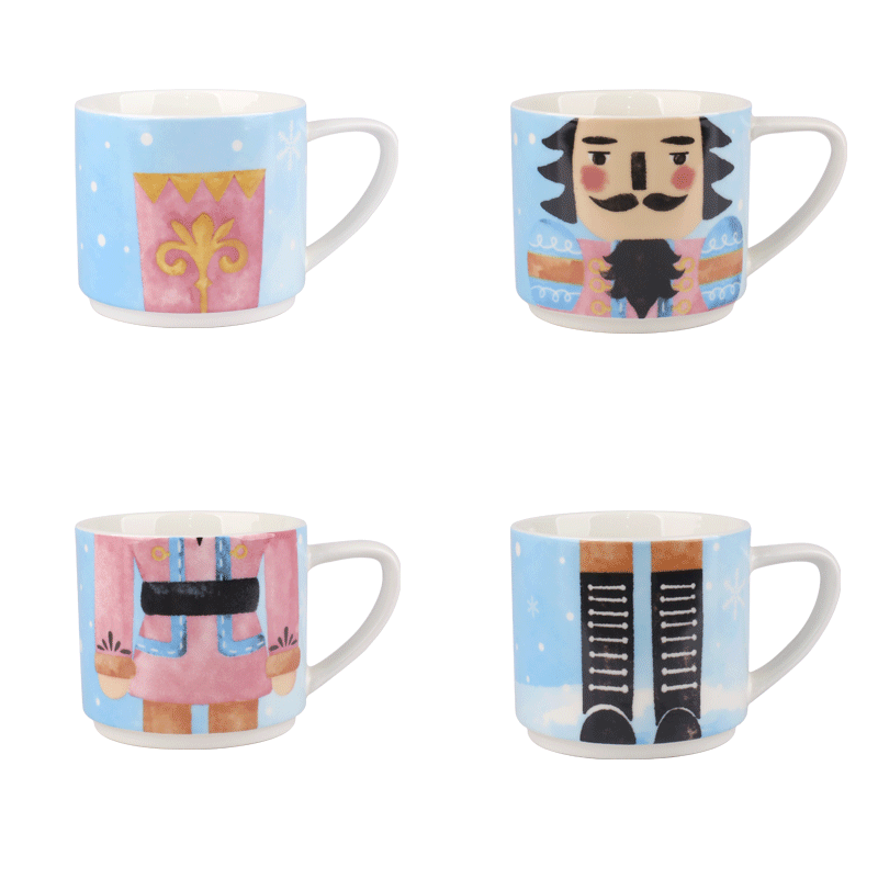 Nutcracker Stackable Ceramic Mugs, Set of 4, 330ml Christmas Themed Coffee Tea Cups with Handle,