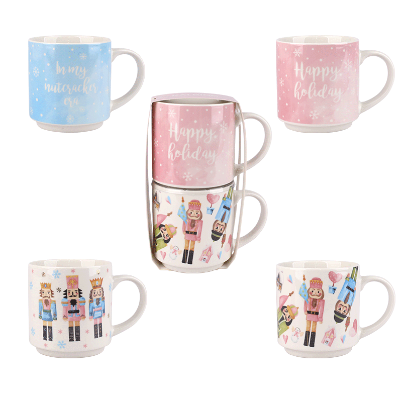 Set of 4 Stackable Christmas Ceramic Mugs, Festive 320ml Drinkware with Nutcracker & Holiday Designs