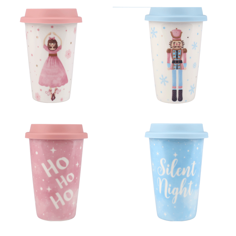 Nutcracker & Christmas Phrases Ceramic Travel Mugs, Festive 370ml Drinkware with Lids