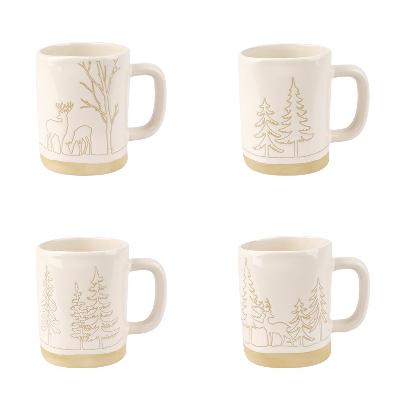 650ml Christmas Forest & Deer Ceramic Mugs Set - 4-Piece Festive Drinkware
