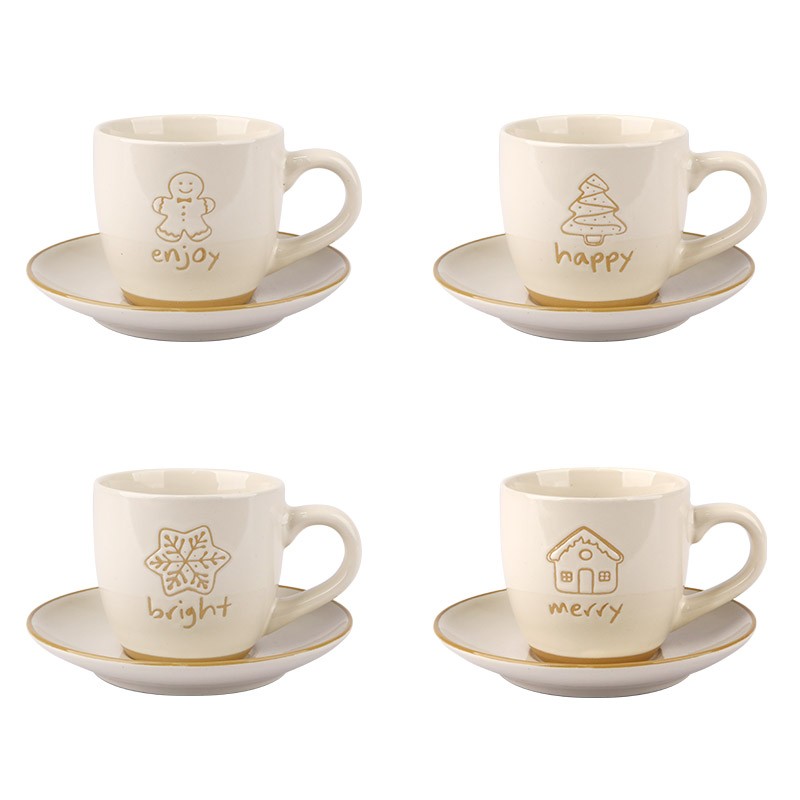 200ml Christmas Themed Ceramic Cup and Saucer Set - 4-Piece Festive Drinkware