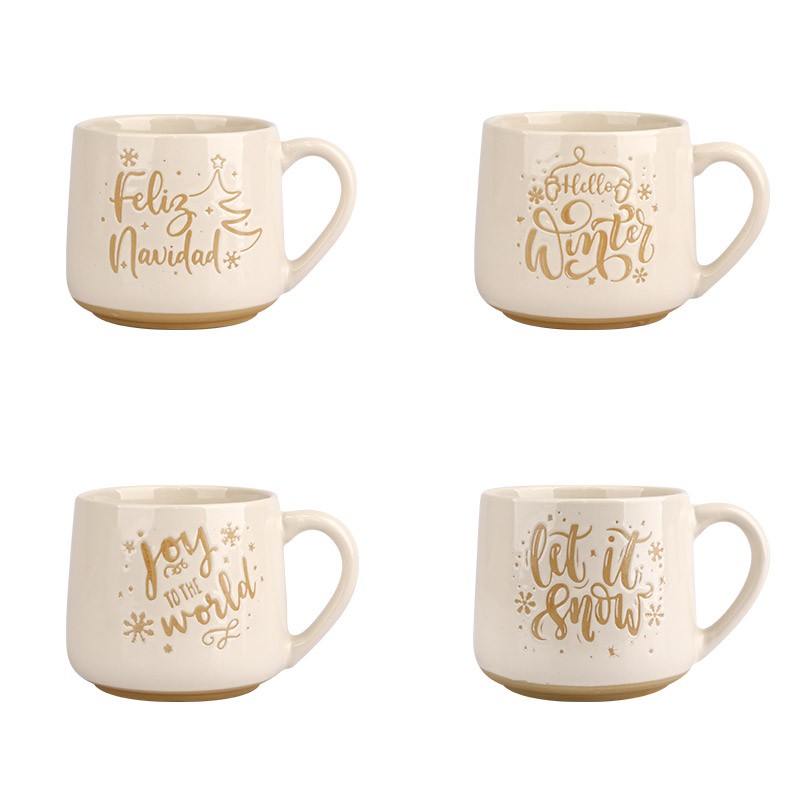 480ml Christmas Phrase Ceramic Mugs Set - 4-Piece Festive Drinkware