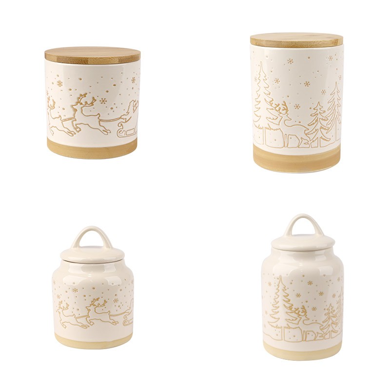 Christmas Ceramic Canister Set - Santa, Reindeer & Forest Designs with Bamboo/ Ceramic Lids