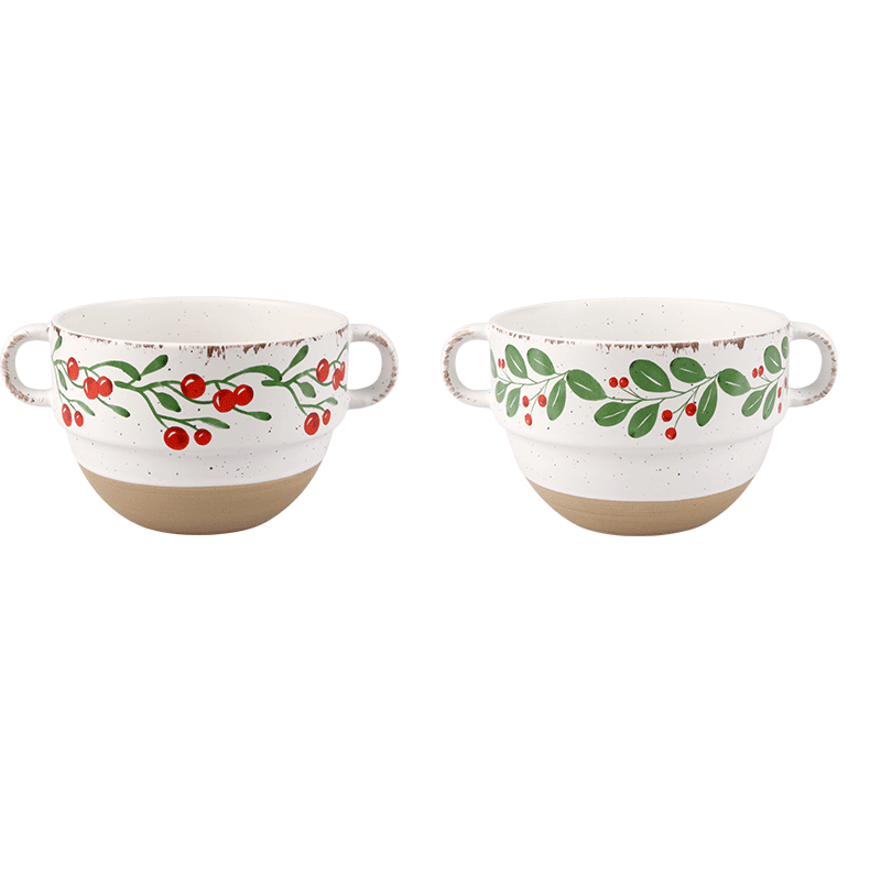Christmas Berry & Leaf Ceramic Bowls with Handles, Festive 600ml Tableware for Meals