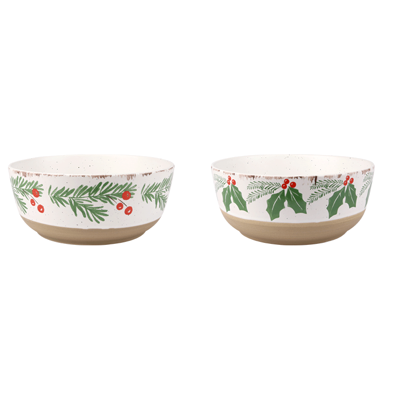 Christmas Holly & Pine Ceramic Bowls, Festive 850ml Tableware for Meals