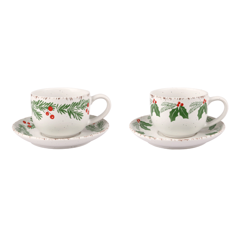 Christmas Holly & Pine Ceramic Cup and Saucer Set, Festive 200ml Drinkware for Hot Beverages