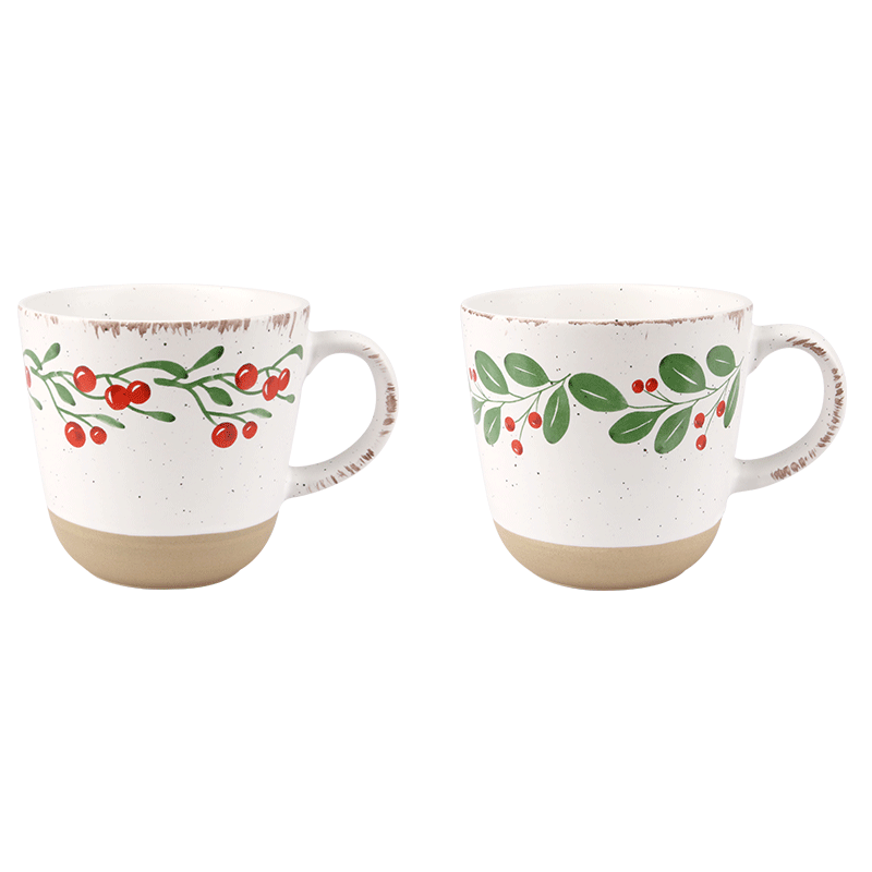 Christmas Berry & Leaf Ceramic Mugs, Festive 400ml Drinkware for Hot Beverages