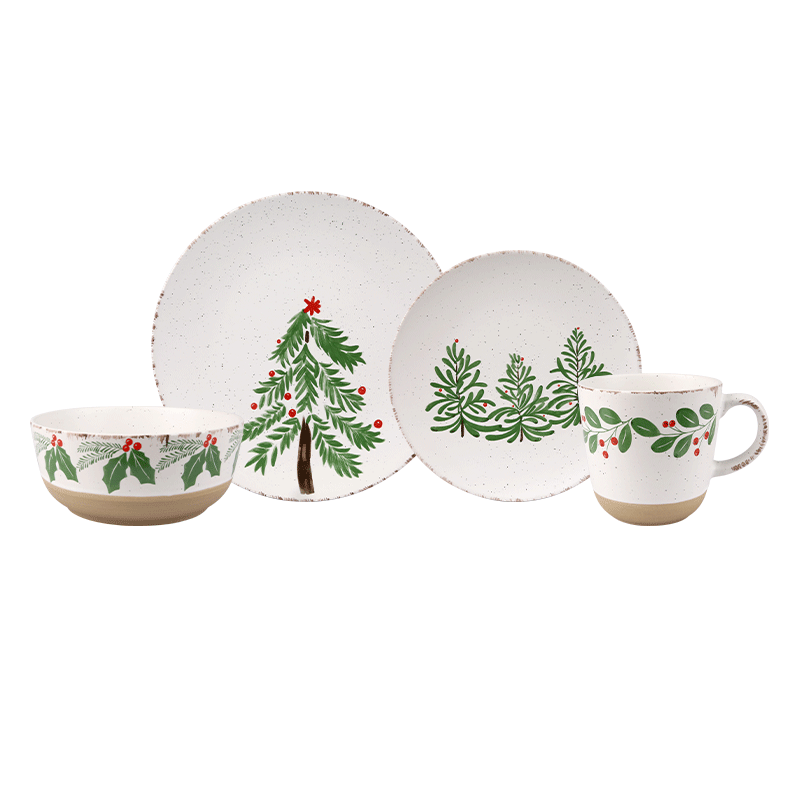 Christmas Holly & Tree Ceramic Dinnerware Set, Festive Tableware for Holiday Meals