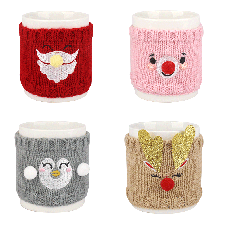 Christmas Character Knitted Sleeve Ceramic Mugs, Festive 340ml Drinkware