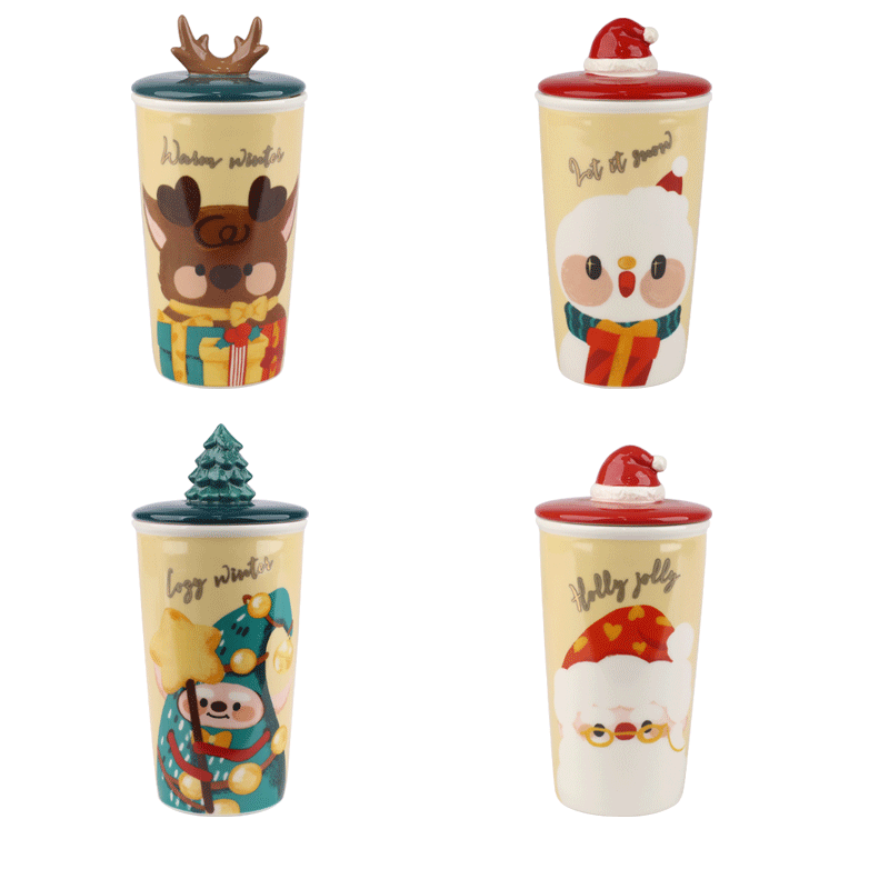 Christmas Character Ceramic Tumblers with Decorative Lids, Festive 330ml Drinkware