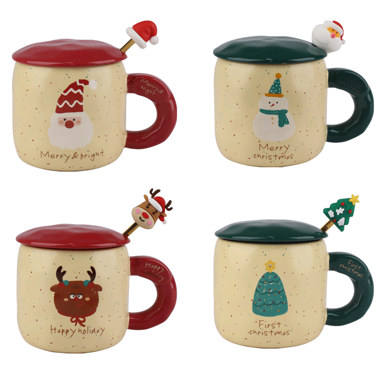 Christmas Character Ceramic Mugs with Lids and Toppers, Festive 420ml Drinkware