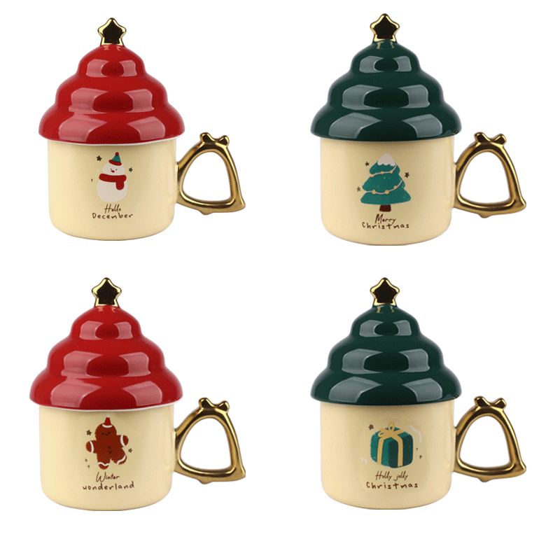 Christmas - Themed Ceramic Mugs with Tree - Shaped Lids, Festive 300ml Drinkware