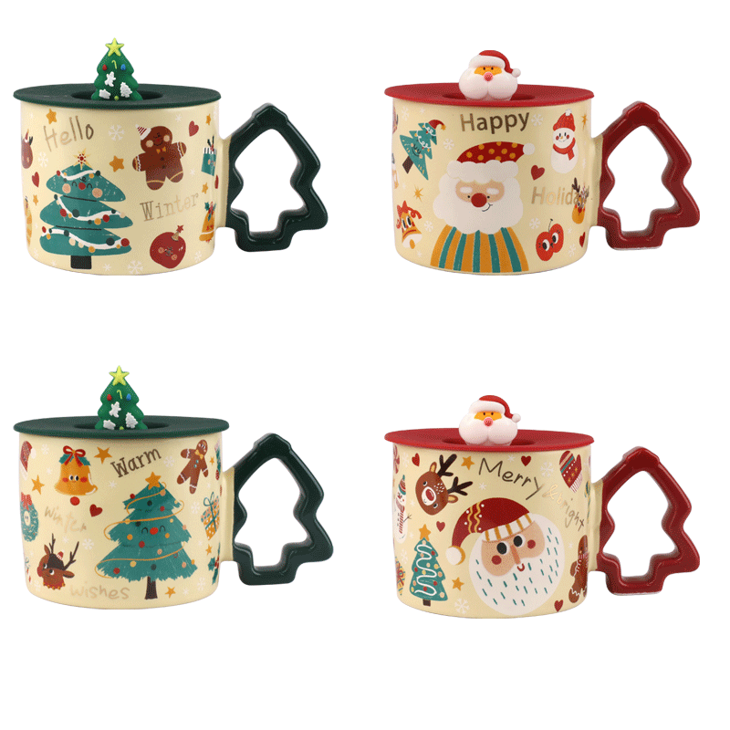 Christmas - Themed Ceramic Mugs with Decorative Lids, Festive 350ml Drinkware