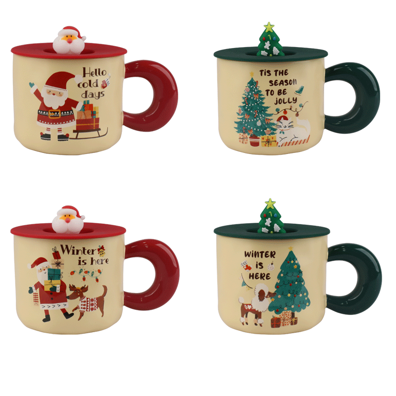 Christmas - Themed Ceramic Mugs with Decorative Lids, Festive 420ml Drinkware