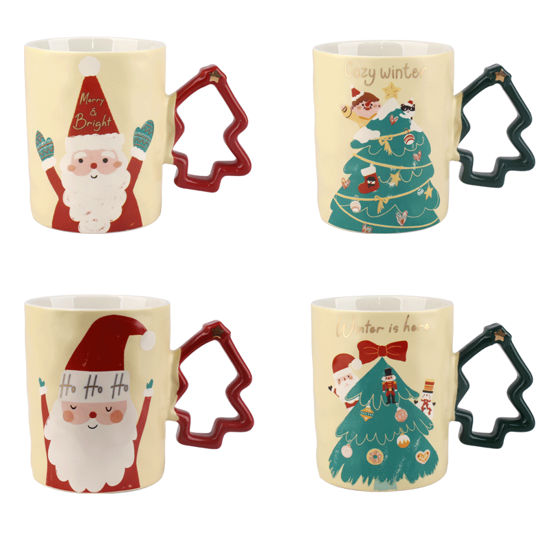 Christmas - Themed Ceramic Mugs with Tree - Shaped Handles, Festive 380ml Drinkware