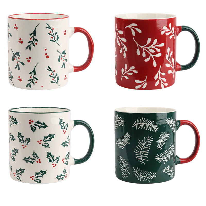 Christmas Botanical Ceramic Mugs, Festive 480ml Drinkware for Hot Beverages