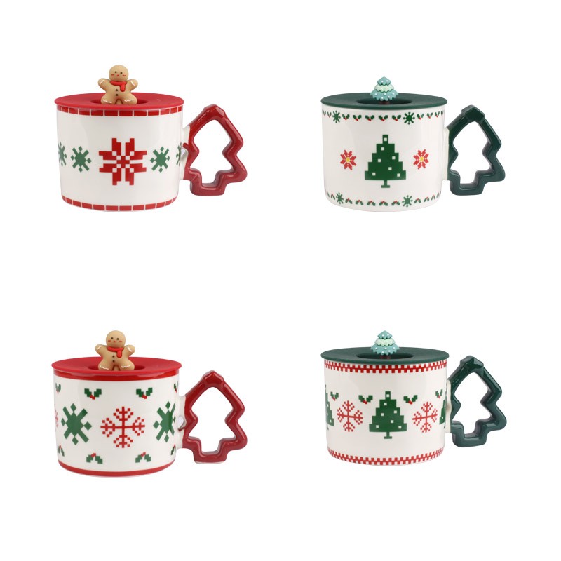 350ml Christmas Knit - Style Ceramic Mugs Set - 4-Piece Festive Drinkware with Gingerbread & Tree