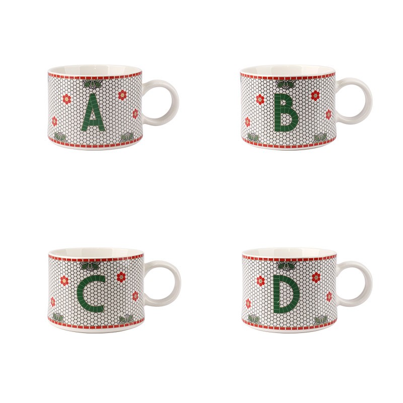 480ml Monogram Christmas Ceramic Mugs Set - 4-Piece Festive Drinkware with A, B, C, D Initials