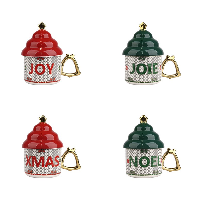 300ml Christmas Themed Ceramic Mugs Set - 4-Piece Festive Drinkware with “JOY,” “XMAS,” “NOEL”