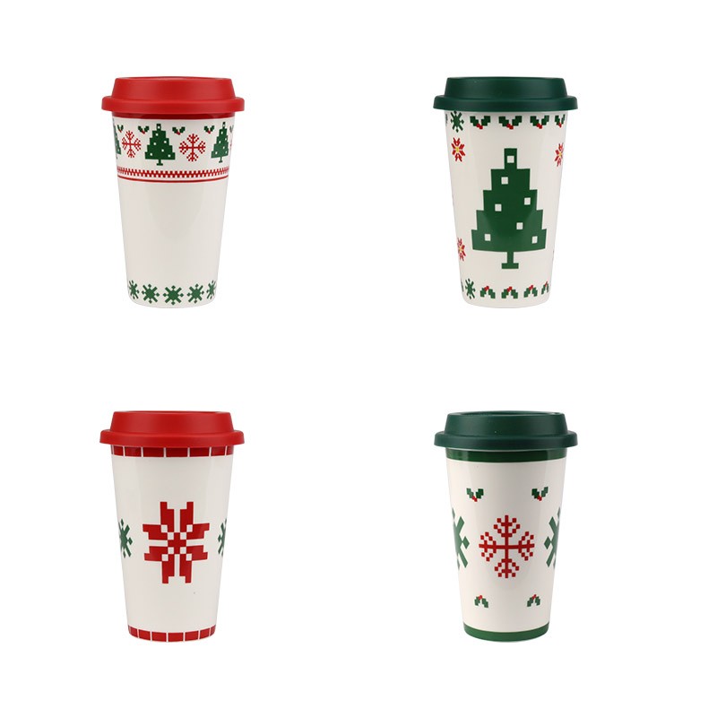 260ml Double Wall Christmas Knit-Style Ceramic Travel Mugs Set - 4-Piece Festive Drinkware