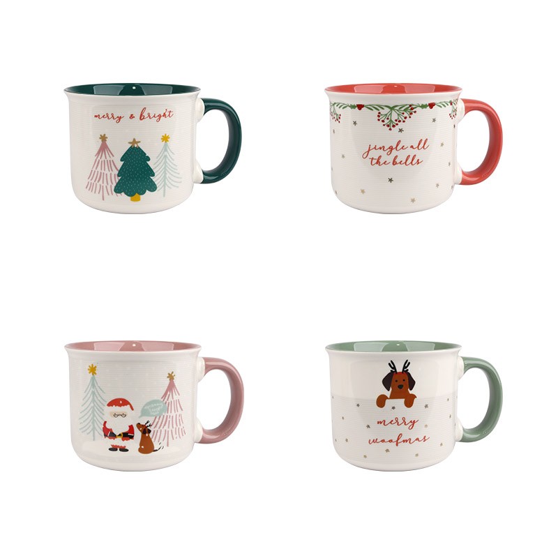 520ml Christmas Themed Ceramic Mugs Set - 4-Piece Festive Drinkware with Tree, Santa, Dog Designs
