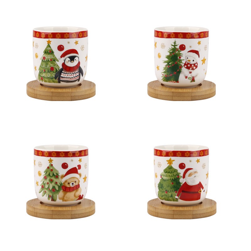 100ml Christmas Character Ceramic Planters Set - 4-Piece Festive Decor with Bamboo Saucers