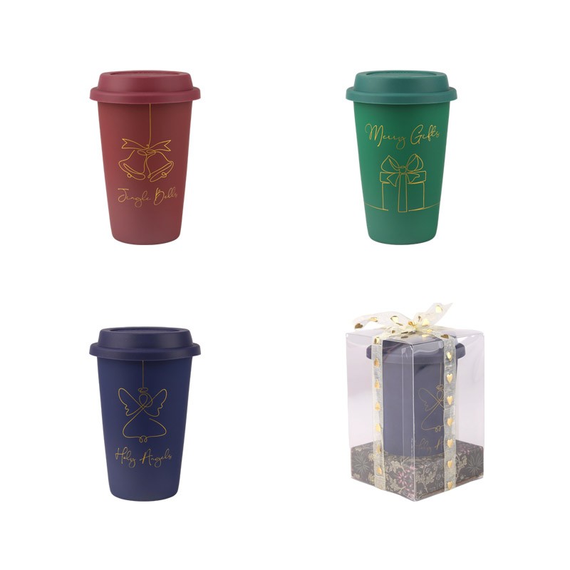 370ml Christmas Themed Ceramic Travel Mugs Set - 3-Piece Festive Drinkware