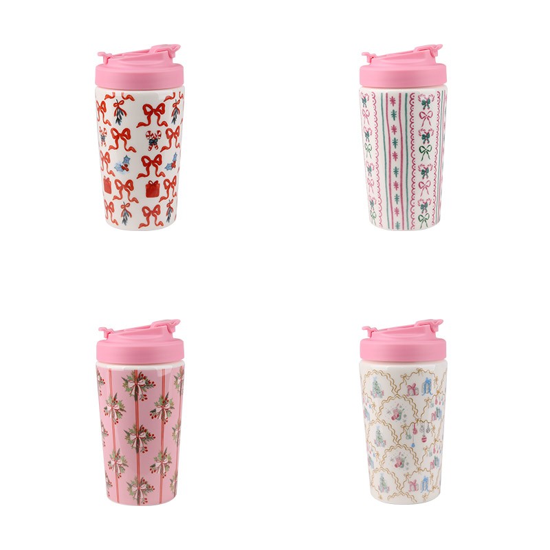 420ml Christmas Patterned Ceramic Travel Mugs Set - 4-Piece Festive Drinkware with Pink Lids 420ml Christmas Patterned Ceramic Travel Mugs Set - 4-Piece Festive Drinkware with Pink Lids