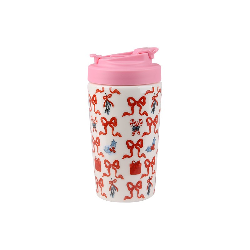 420ml Christmas Patterned Ceramic Travel Mugs Set - 4-Piece Festive Drinkware with Pink Lids