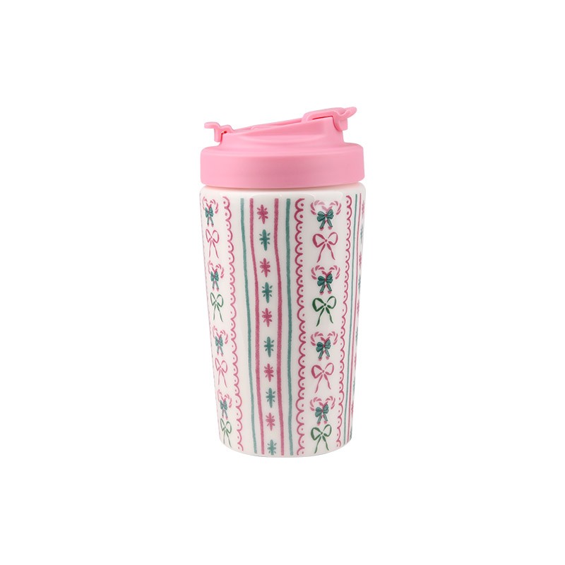 420ml Christmas Patterned Ceramic Travel Mugs Set - 4-Piece Festive Drinkware with Pink Lids