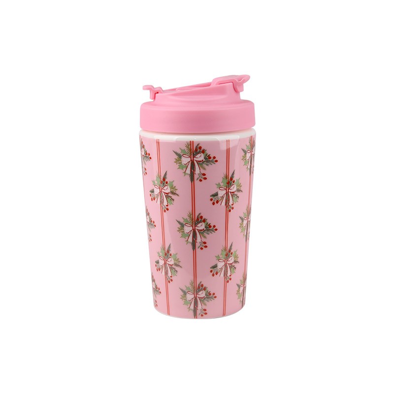 420ml Christmas Patterned Ceramic Travel Mugs Set - 4-Piece Festive Drinkware with Pink Lids