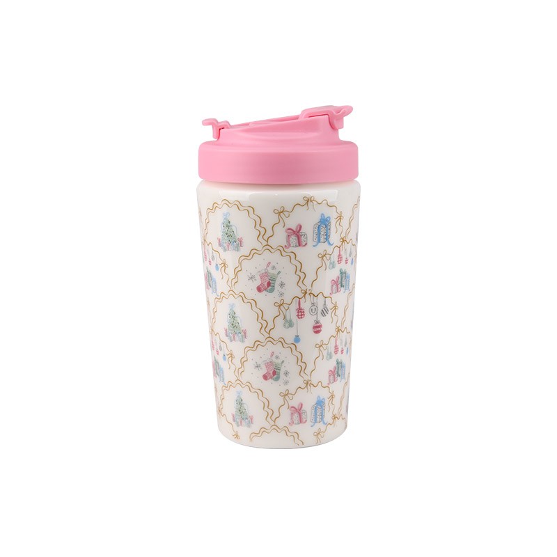 420ml Christmas Patterned Ceramic Travel Mugs Set - 4-Piece Festive Drinkware with Pink Lids