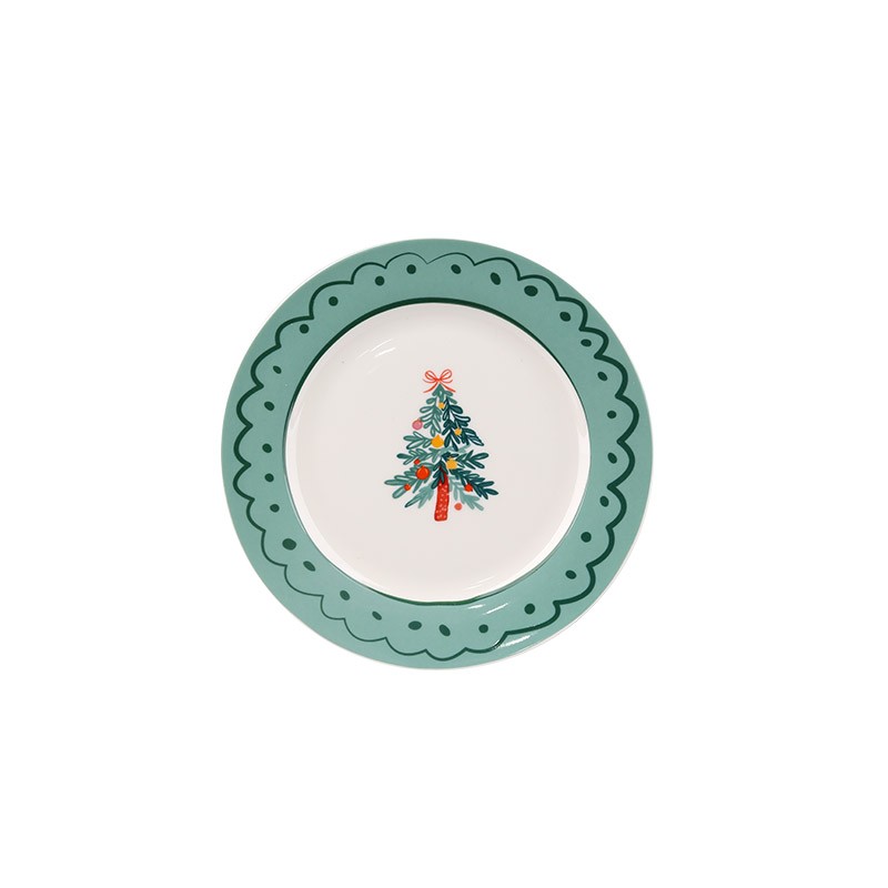 Christmas Themed Ceramic Plates Set - 4-Piece Festive Tableware with Tree, Bow, Wreath Designs