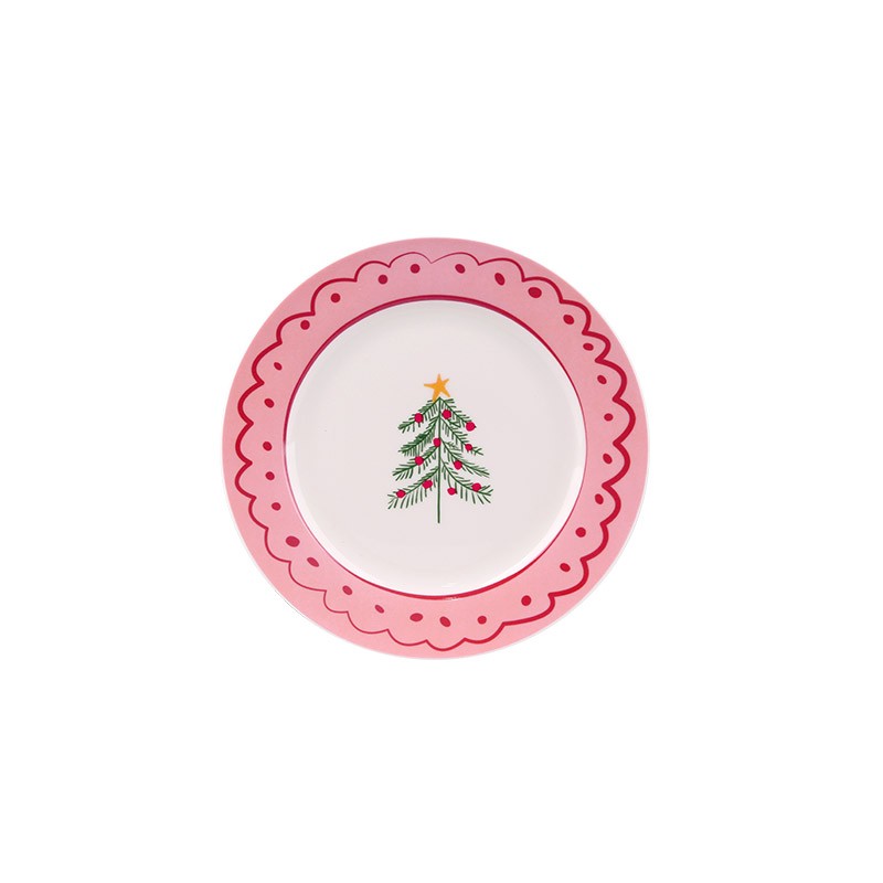 Christmas Themed Ceramic Plates Set - 4-Piece Festive Tableware with Tree, Bow, Wreath Designs