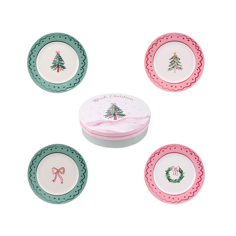 Christmas Themed Ceramic Plates Set - 4-Piece Festive Tableware with Tree, Bow, Wreath Designs