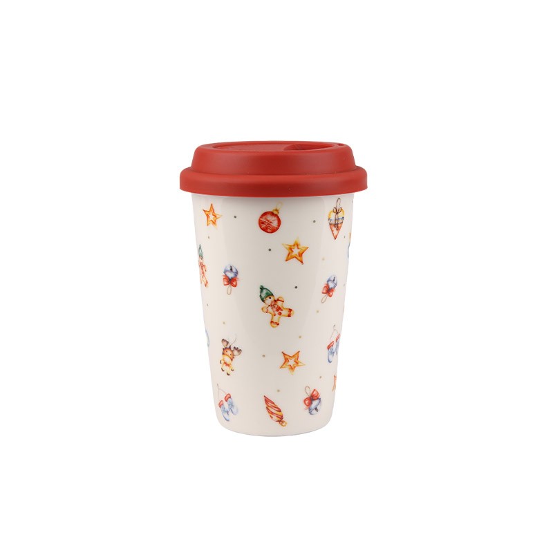 370ml Christmas Themed Ceramic Travel Mugs Set - 4-Piece Festive Drinkware with Wreath, Plaid Design